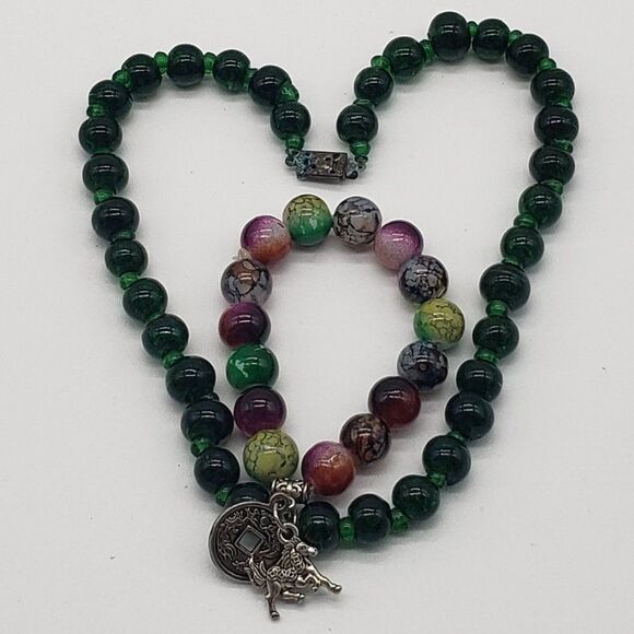Vintage Glass Beaded Dark Green Choker Necklace and Multicoloured Charm Bracelet - Picture 2 of 10